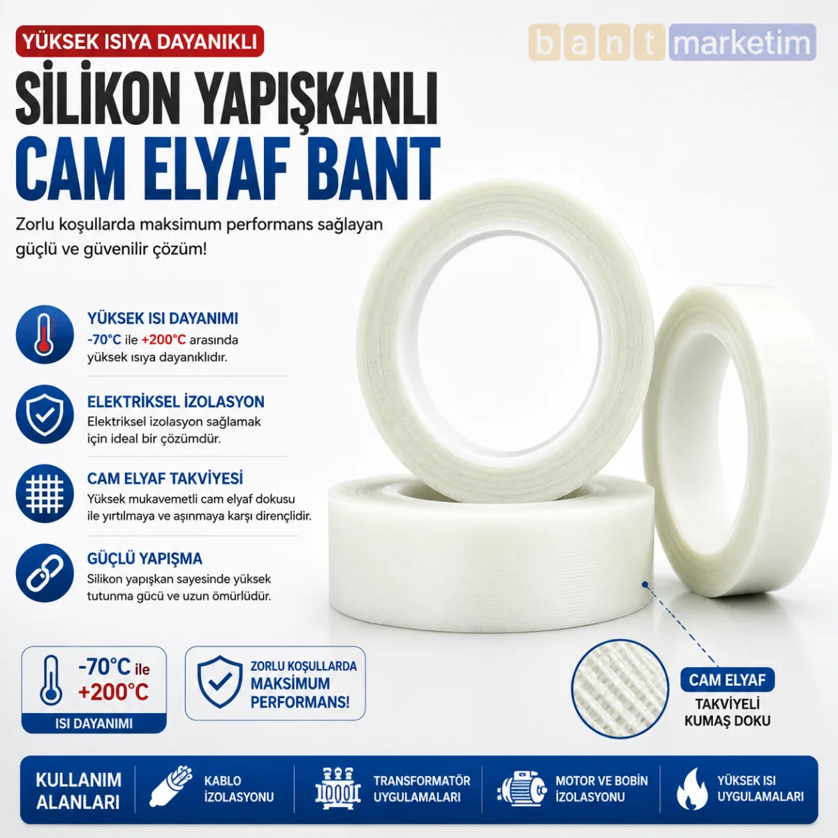 Silikon Yapışkanlı Cam Elyaf Bant Yüksek Isı Dayanıklı Elektrik İzolasyon Bandı 25mmx33m