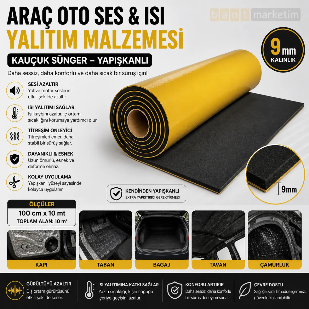 Araç Oto Ses Isı Yalıtım Malzemesi 10m² Kauçuk Sünger Yapışkanlı 9mm Kalın 100cmx10mt
