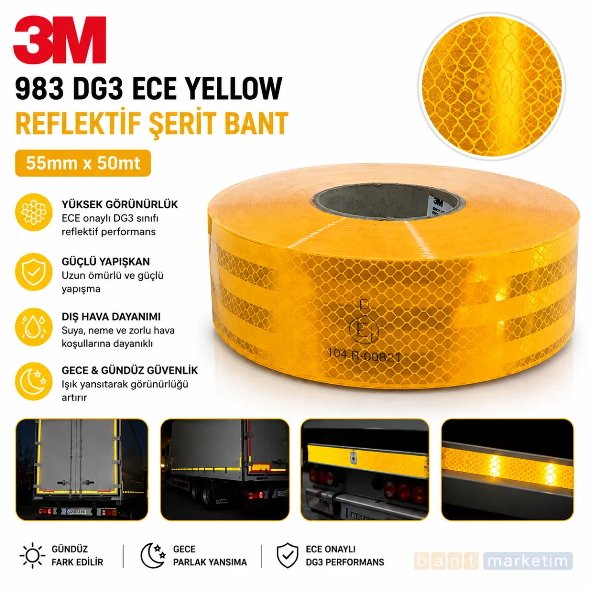 3M 983 Sarı Petekli Reflektif Şerit Bant 55 mm x 50 mt
