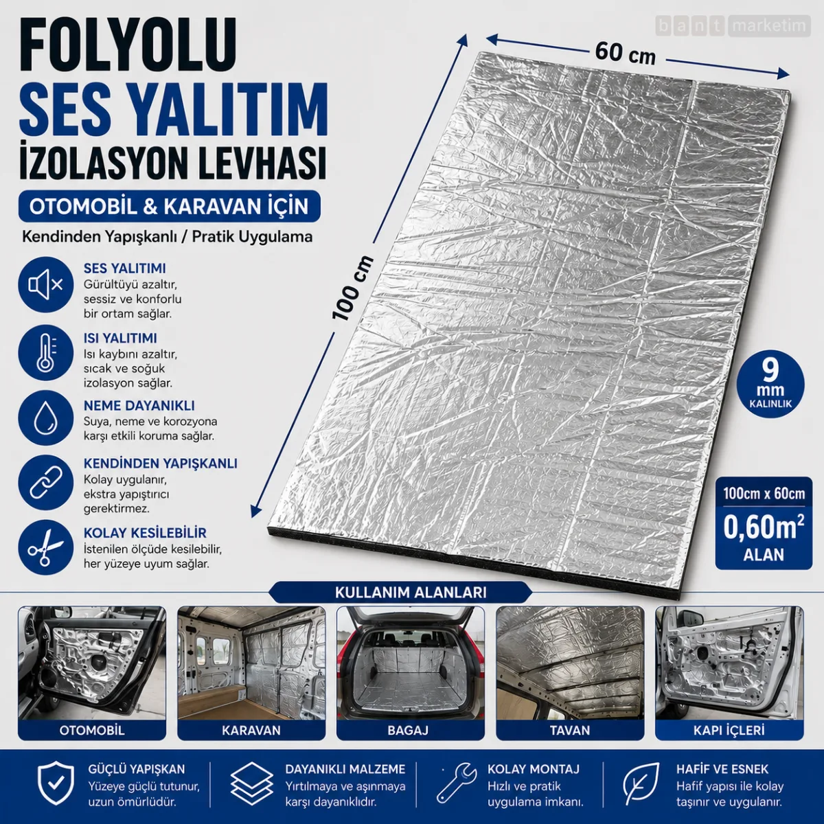 9mm Folyolu Kendinden Yapışkanlı Araç Ses Isı Yalıtım Malzemesi 60x100cm 0,60m² Karavan İzolasyonu