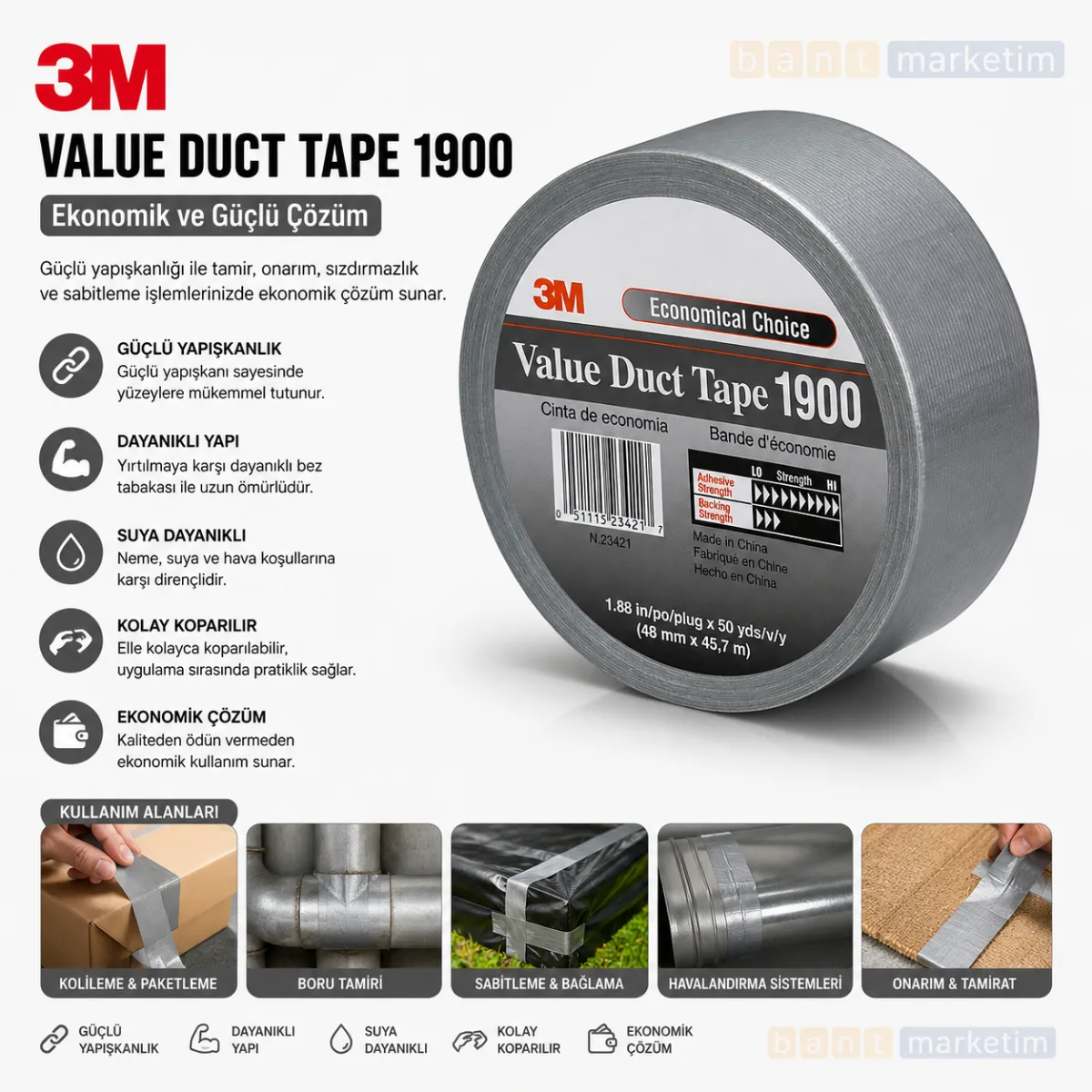 3m 1900 Duck Tape Tamir Kanal Bandı 50mm X 50mt Gri Bant