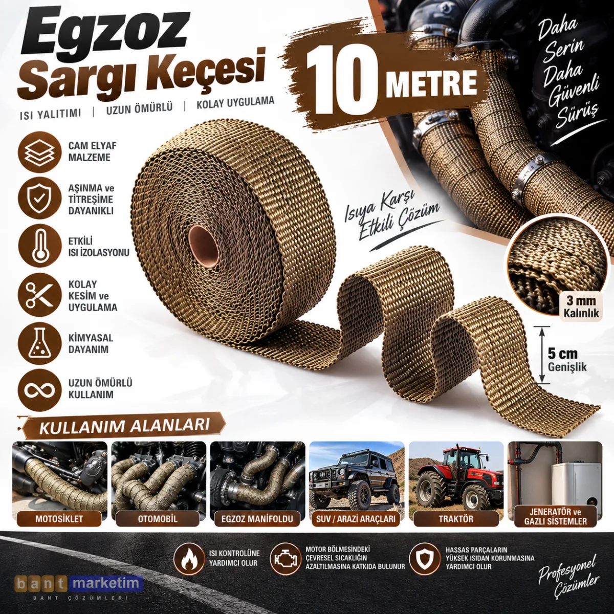 Egzoz Yanmaz Sargı Keçesi Egzoz Sargı Bandı Yanmaz Sargı Keçesi 10 Metre Kahverengi