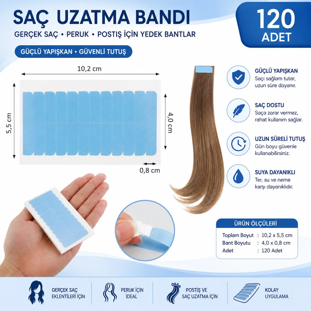 Saç Uzatma Bandı 4 x 0,8 cm Çift Taraflı Yapışkanlı Yedek Bant Postiş Peruk ve Saç Eklentisi İçin 120 Adet