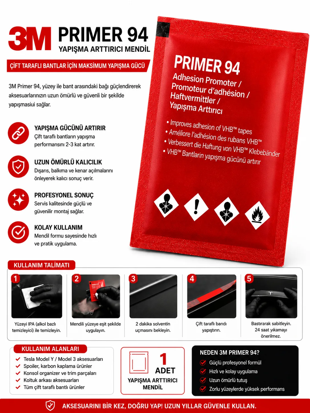 3m Primer 94 Bant Yapıştırıcı Arttırıcı Kuvvetlendirici Primer Mendil (1adet )