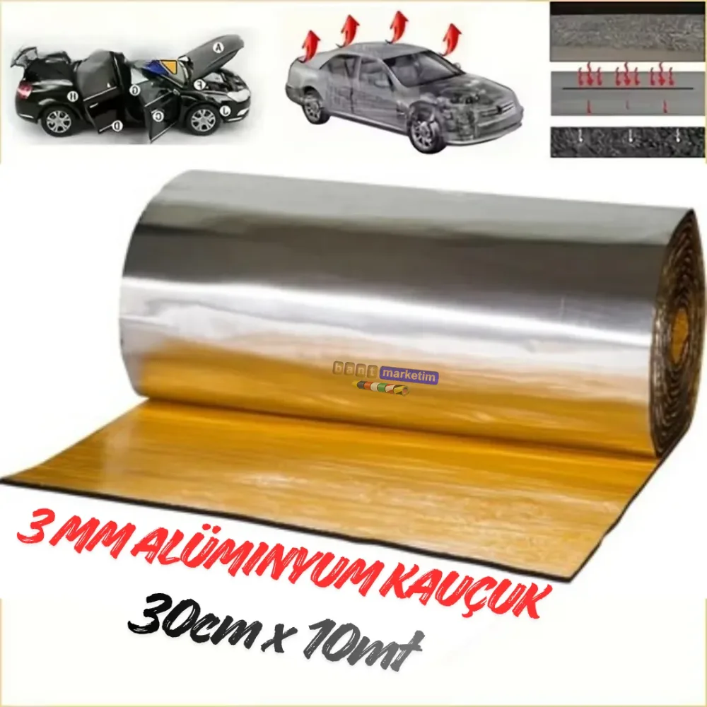 Araç Oto Ses Isı Yalıtım Bandı 3mm x 30cmx10metre Alüminyum Folyolu Kauçuk Bant Izolasyon Malzemesi