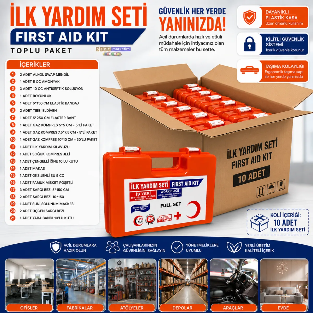 İlk Yardım Çantası Full Set – 10 Adet Toplu Paket, İş Yeri, Fabrika, Ofis ve Araç İçin (10 Adet)