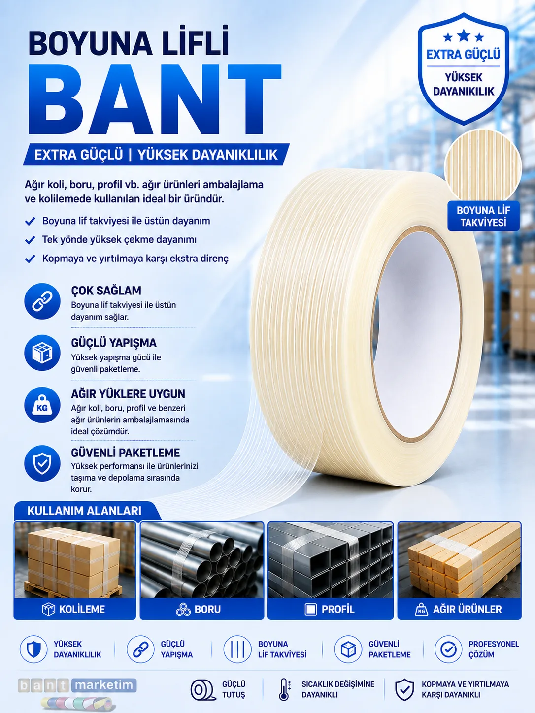 Boyuna Lifli Filament Bant Cam Elyaf Takviyeli Ambalaj Bandı 50mm x 50m