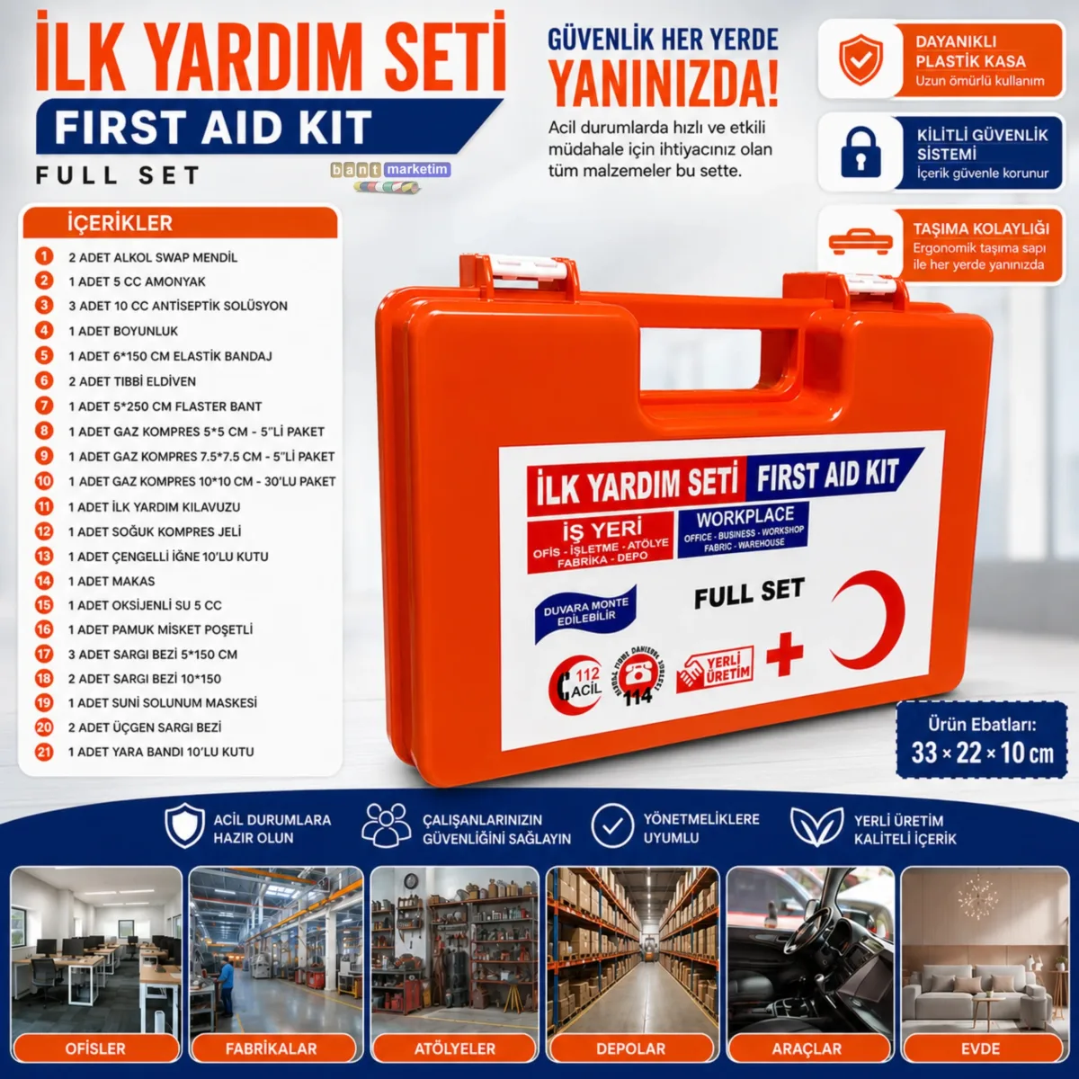 Full Set İlk Yardım Çantası – İş Yeri, Ofis, Fabrika, Araç ve Ev İçin Acil Yardım Seti (1ADET)