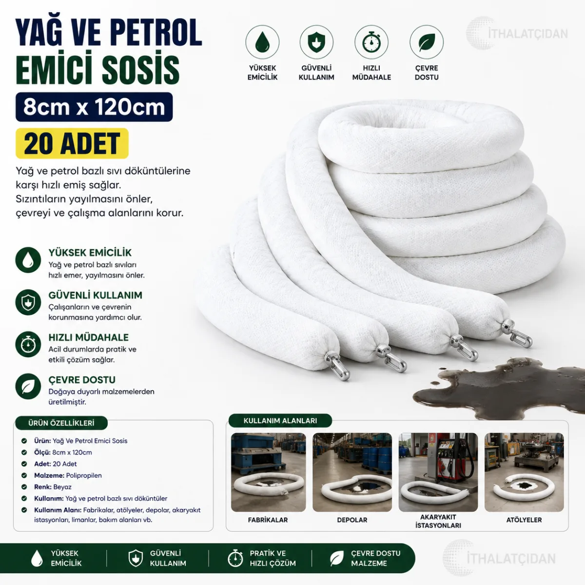 20 Adet Yağ Ve Petrol Emici Sosis 8cm X120 Cm