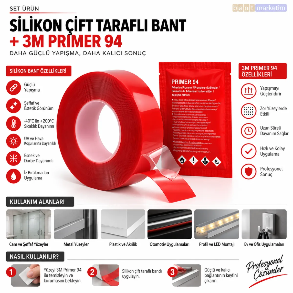 Silikon Çift Taraflı Bant 9mm x 5m + 3M Primer 94 Yapışma Güçlendirici Set