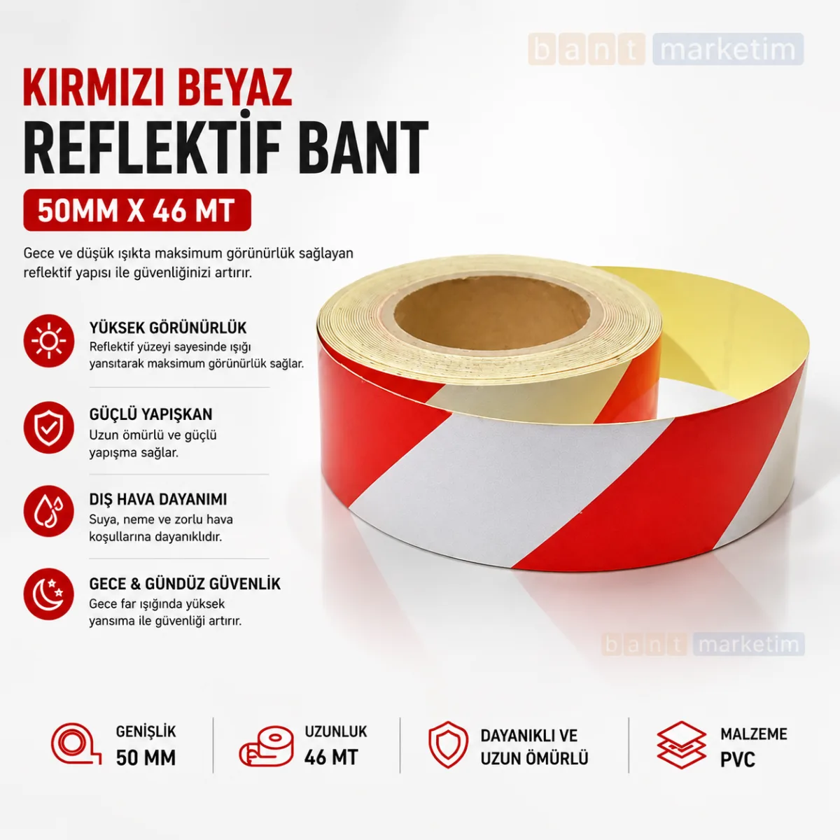 Kırmızı Beyaz Reflektif Bant 50mm x 46 Metre Reflektör Şerit Bant Kendinden Yapışkanlı