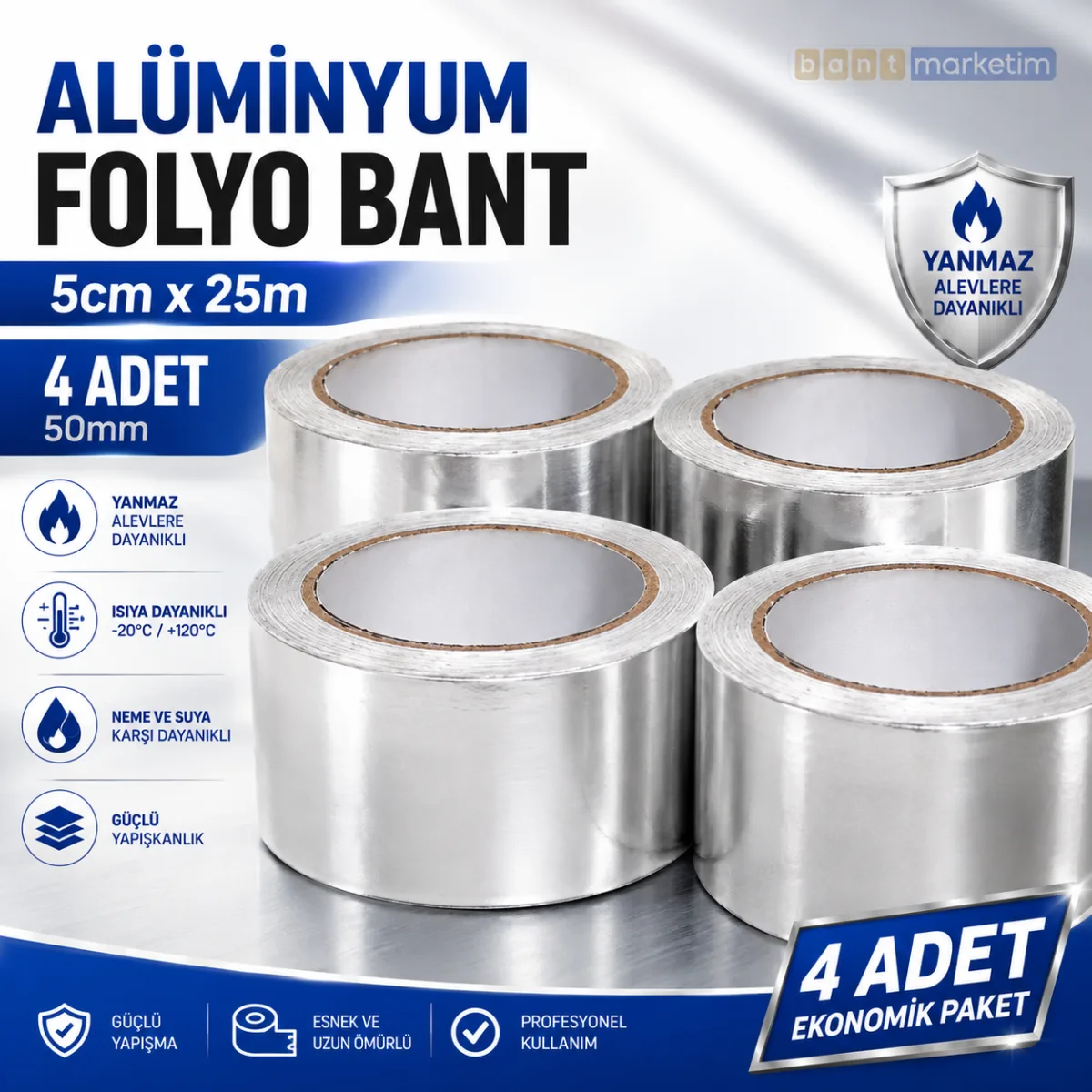 Alüminyum Folyo Bant 50mm x 25m – 4 Adet Isı ve Aleve Dayanıklı Yapışkanlı Folyo Bant