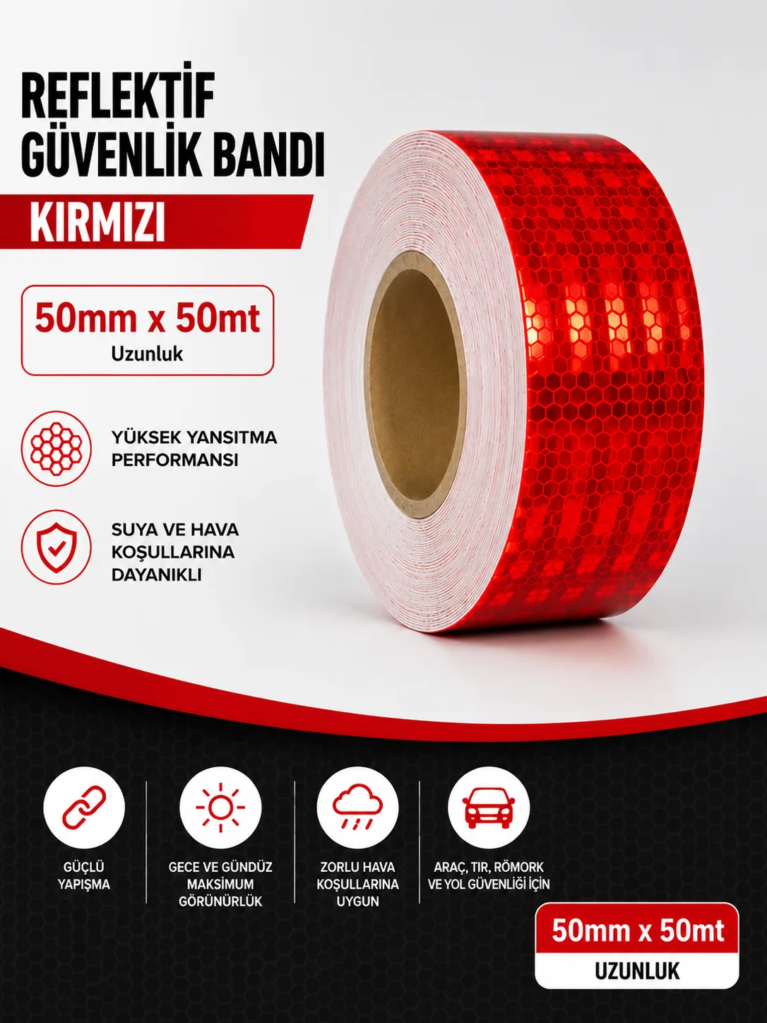 Bal Petekli Reflektif Bant Kırmızı 50mm x 50m Kendinden Yapışkanlı Reflektör Şerit Uyarı Bandı