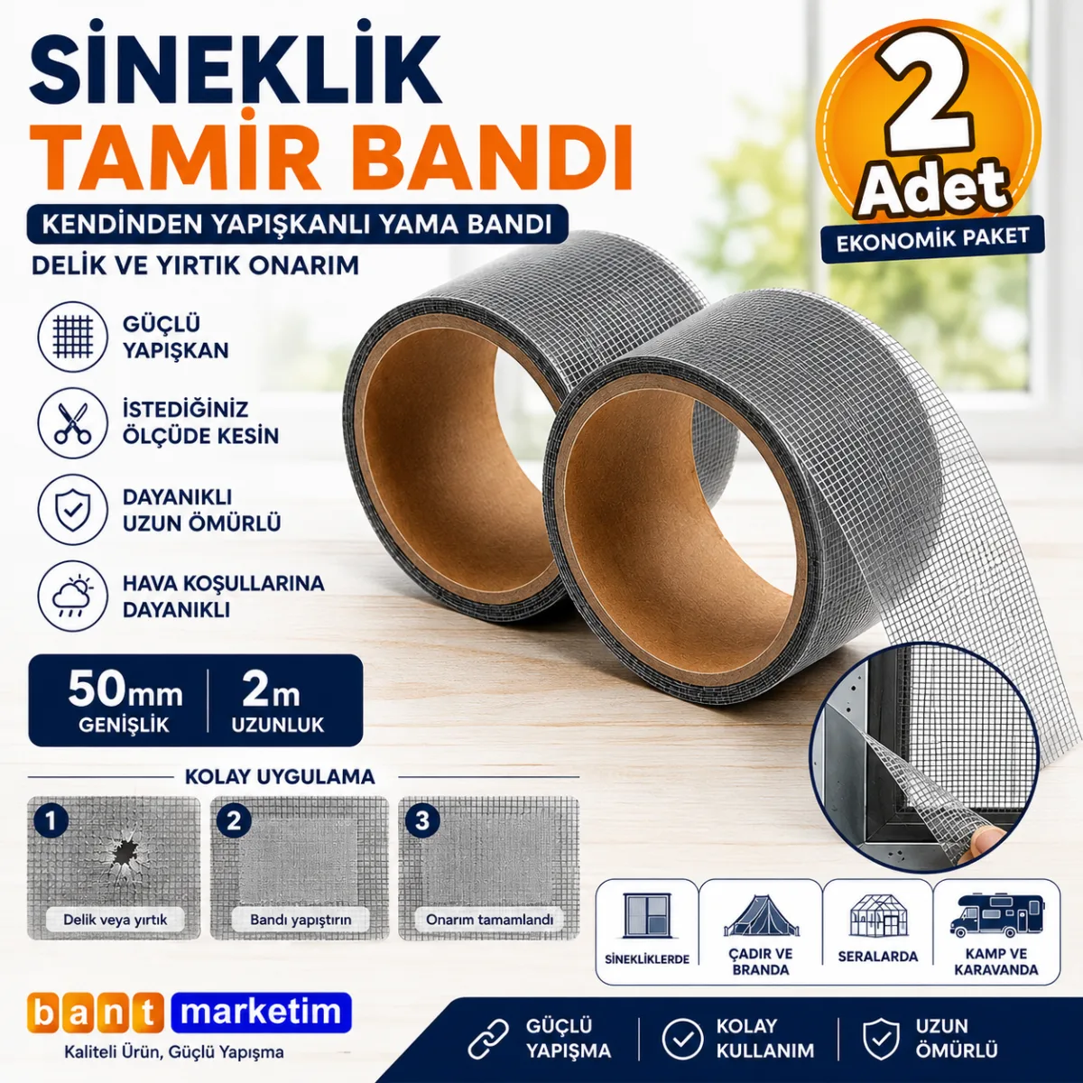 Sineklik Tamir Bandı 50mm x 2m Kendinden Yapışkanlı Yama Bandı Delik ve Yırtık Onarım (2 Adet)