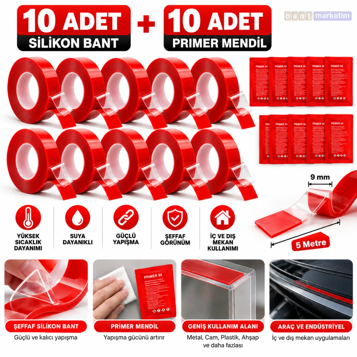 Silikon Çift Taraflı Bant 10adet 9mm x 5m + 10adet 3M Primer 94 Yapışma Güçlendirici Set