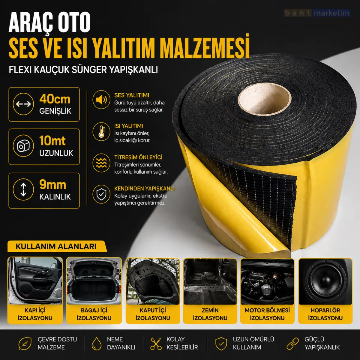 Araç Oto Ses Isı Yalıtım Malzemesi Flexi Kauçuk Sünger Yapışkanlı 9mm Kalın 40cmx10mt