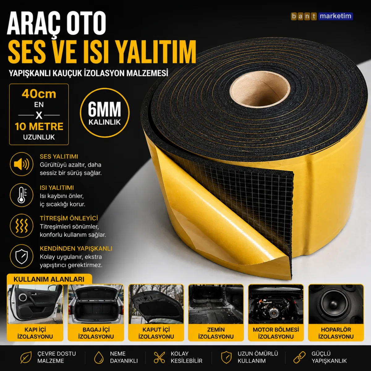 Araç Oto Ses Isı Yalıtım 40cmx10metre 6mm Yapışkanlı Kauçuk İzolasyon Malzemesi
