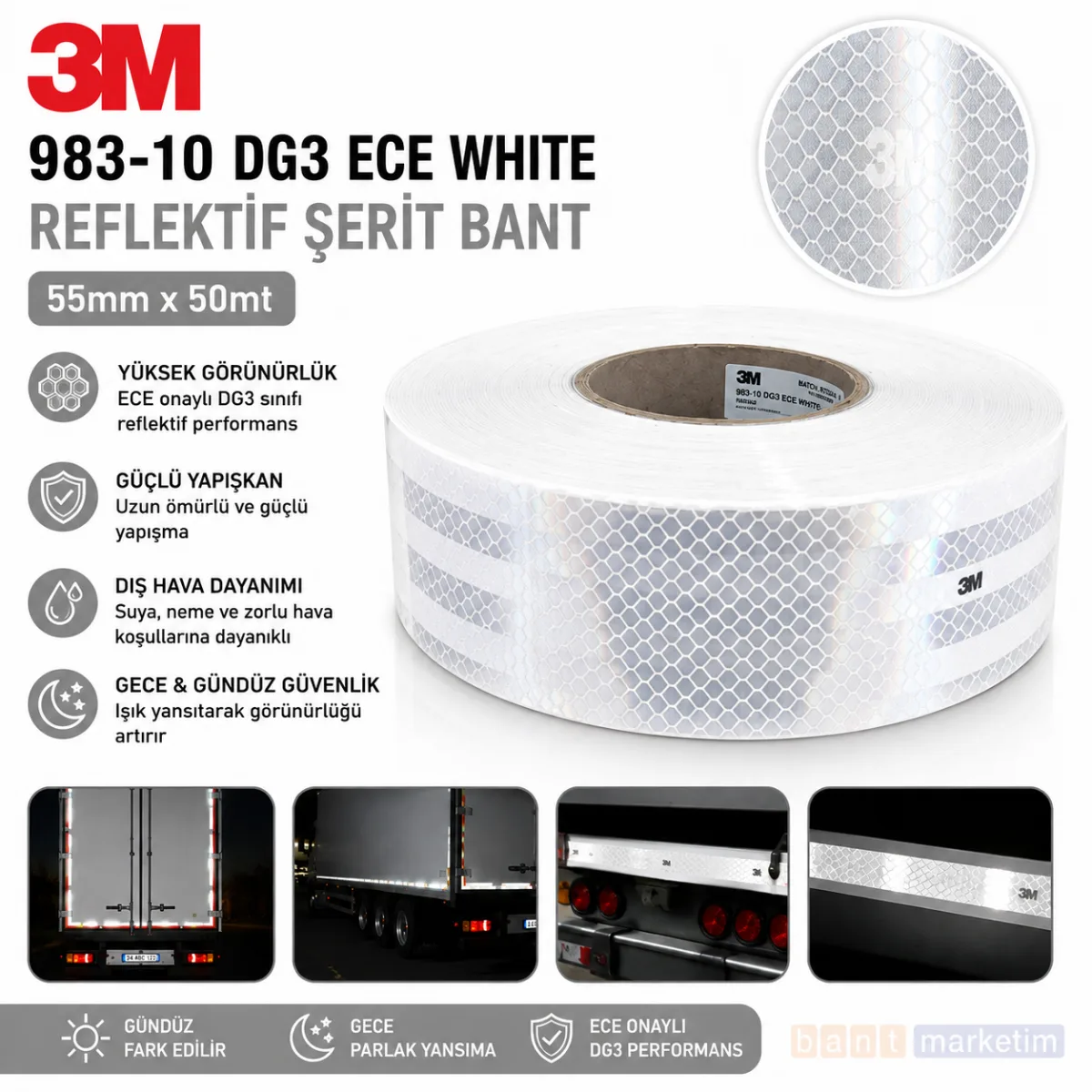 3M 983 Beyaz Petekli Reflektif Şerit Bant 55 mm x 50 mt