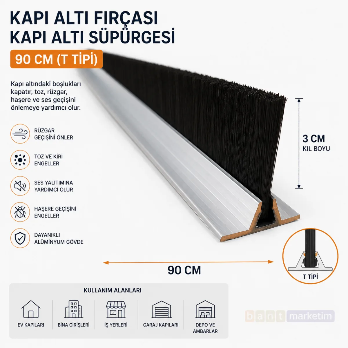 Kapı Altı Fırçası Kapı Altı Süpürgesi 90 Cm (t Tipi) 3cm Kıl Boyu