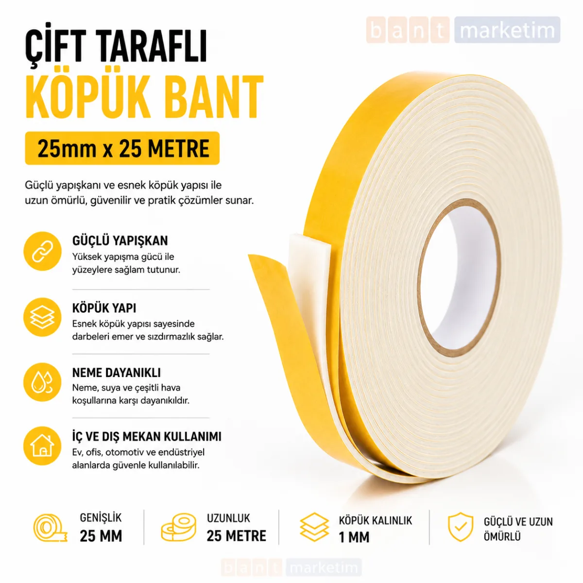 Çift Taraflı Köpük Bant 25mm x 25 Metre Yapışkanlı Sünger Bant Montaj Sabitleme İzolasyon Bandı