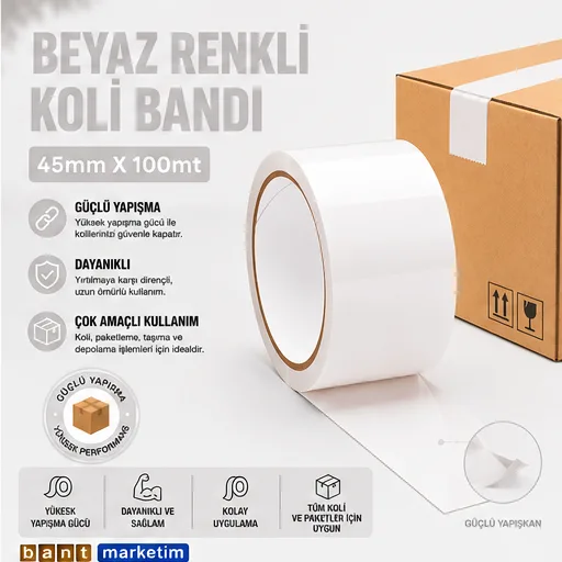 Beyaz Koli Bandı 45mmx100m Renkli Koli Bantı Beyaz Renk Hotmelt Yapışkanlı