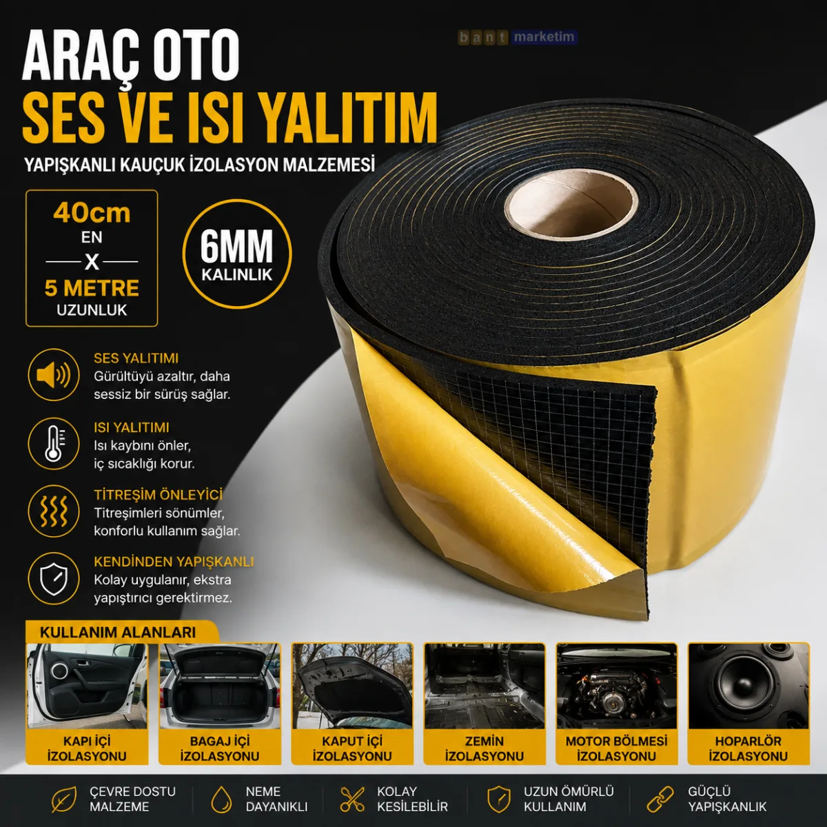 Araç Oto Ses Isı Yalıtım 40cmx5metre 6mm Yapışkanlı Kauçuk Izolasyon Malzemesi
