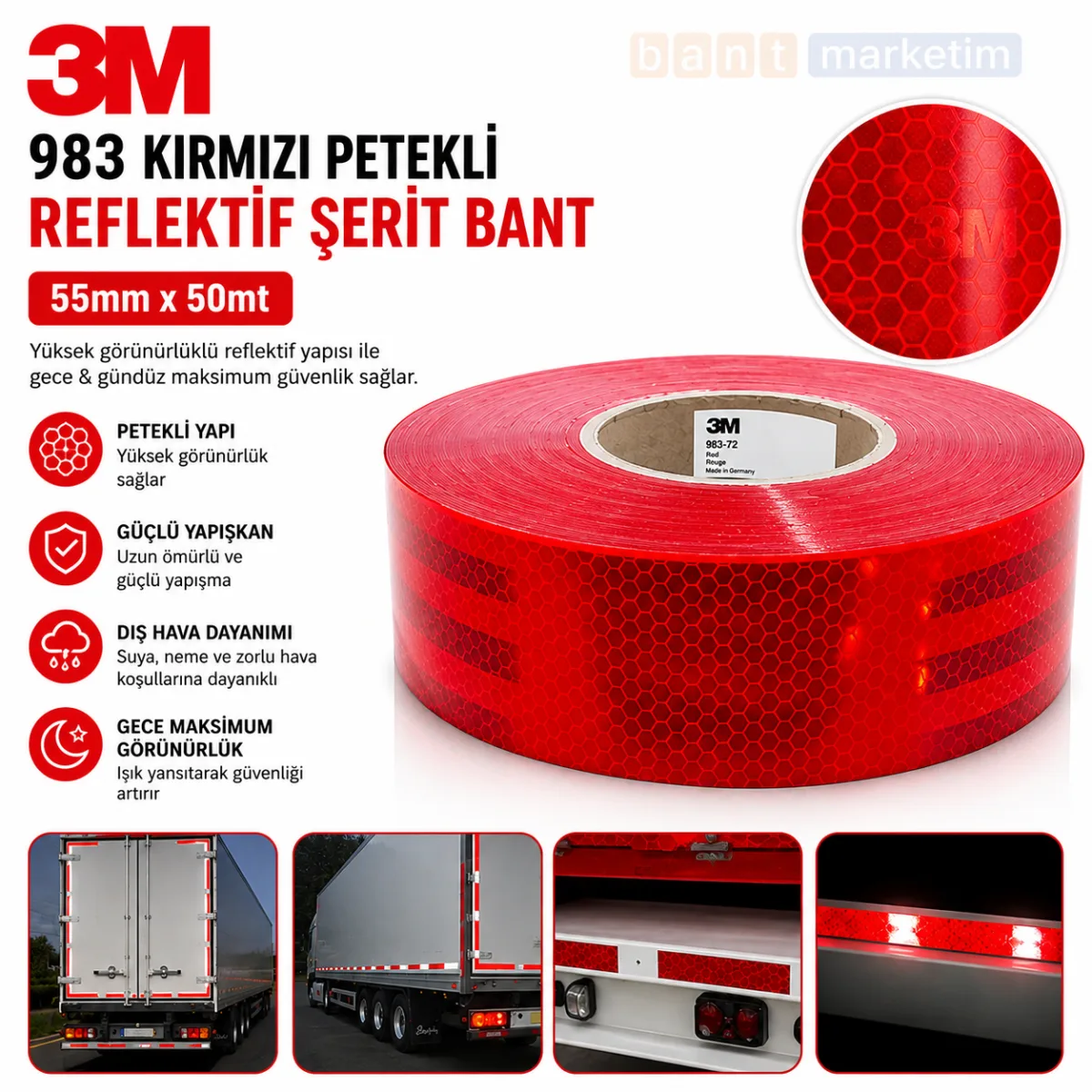 3M 983 Kırmızı Petekli Reflektif Şerit Bant 55 mm x 50 mt