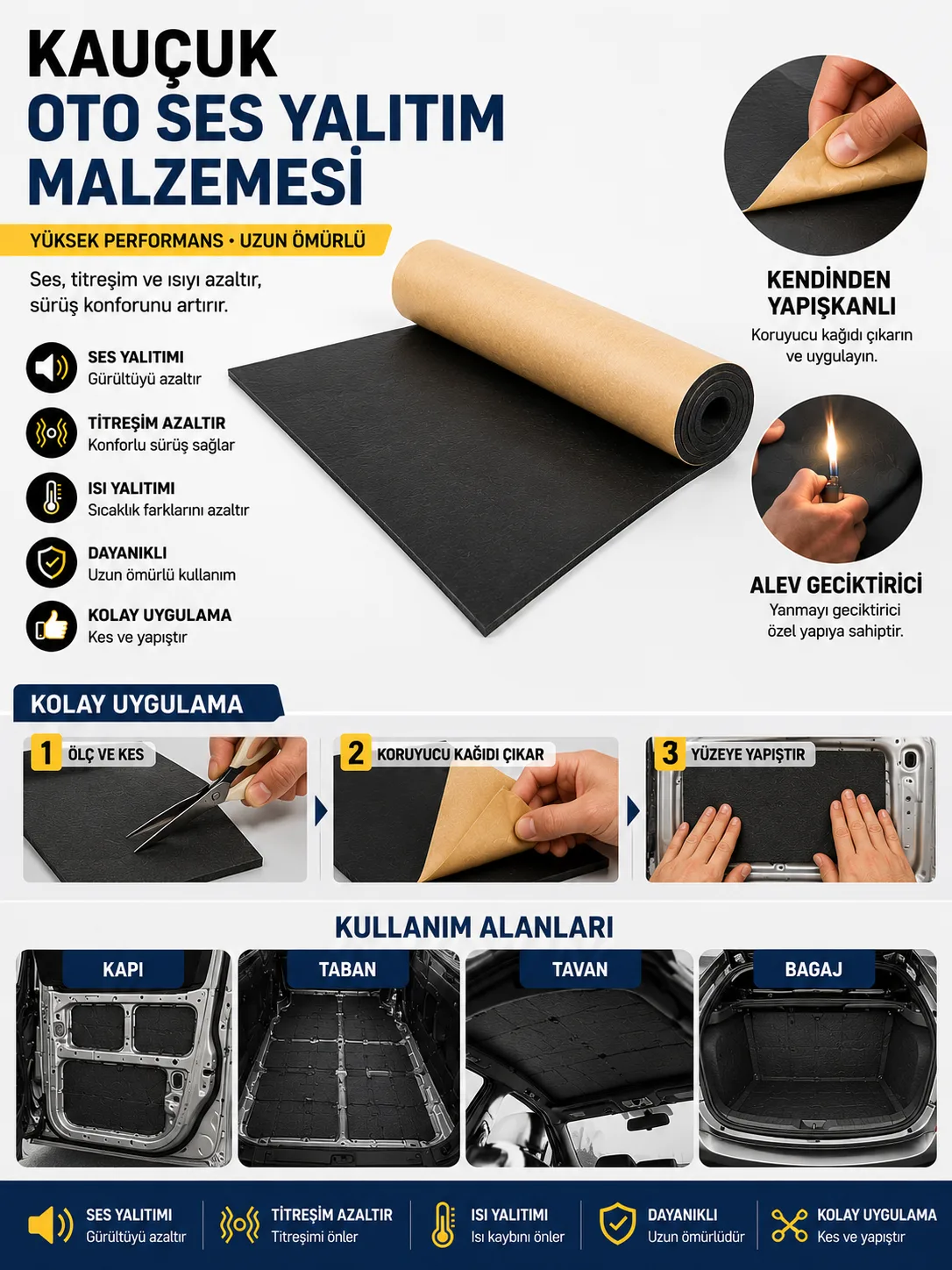 Araç 10mm Flexi Kauçuk 100cmx 5mt Yanmaz Oto Ses Yalıtım Süngeri Yapışkanlı 5m²