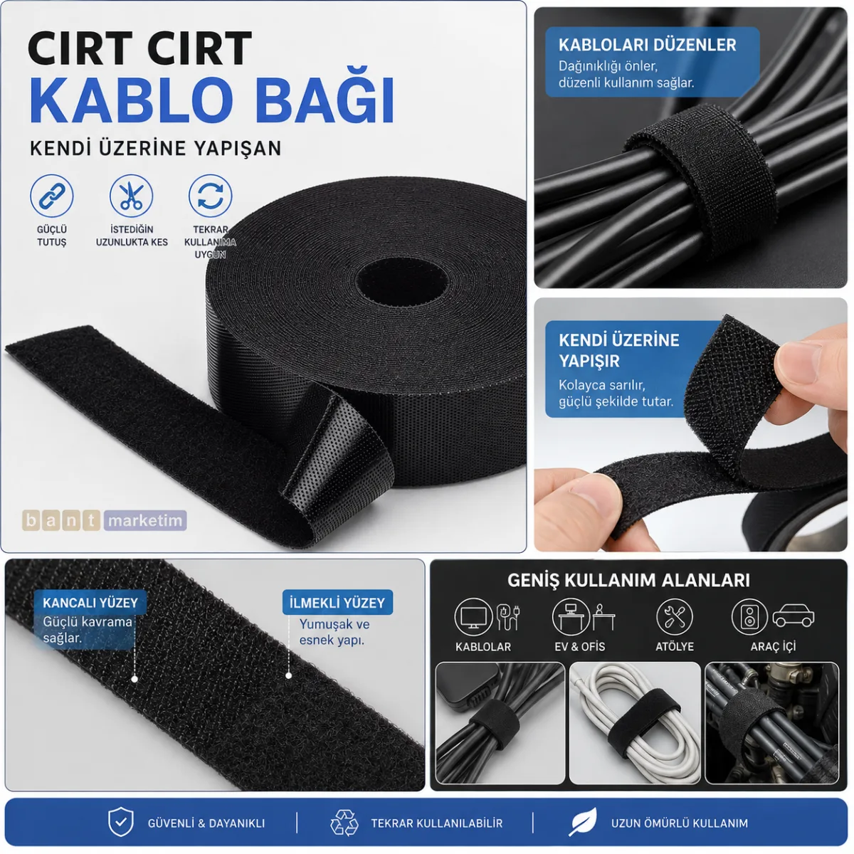 Cırt Cırt Kablo Bağı Kablo Sabitleme Bandı – Kendinden Yapışkanlı Kablo Düzenleyici 19mm x 5mt