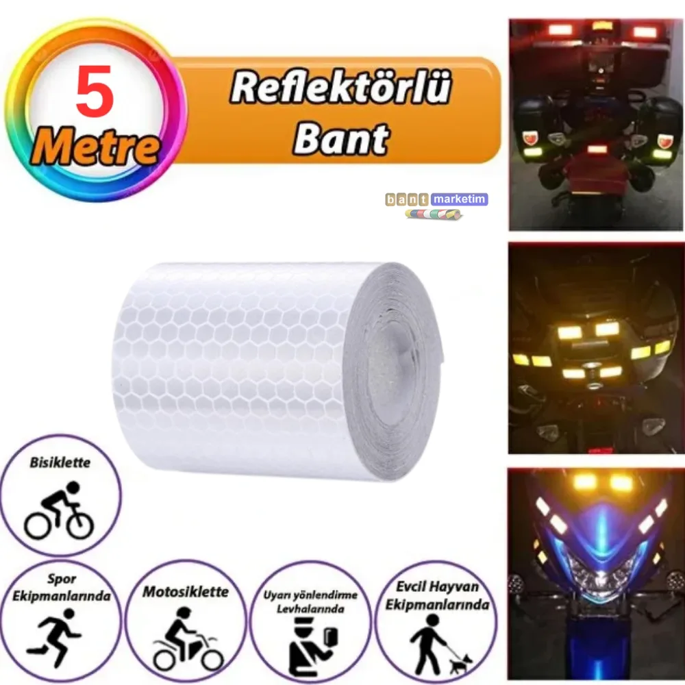 Reflektörlü Reflektif Fosforlu Şerit Bant Petekli Reflekte İkaz Bandı 5 cm x 5 Metre Beyaz