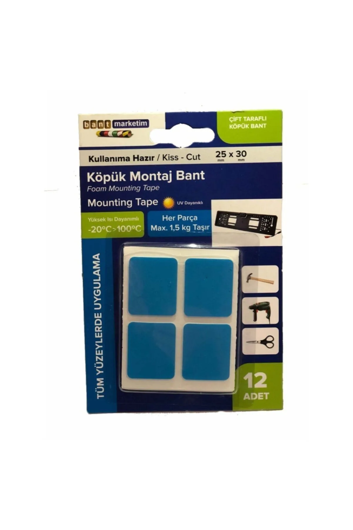 Köpük Çift Taraflı Beyaz Köpük Bant Montaj Bandı 12' Li 25mmx30mm Özel Kesim
