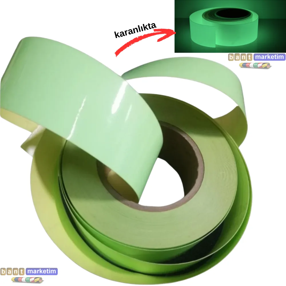 Fosforlu (Fotolümen) Şerit Bant 50mm x 50m Kendinden Yapışkanlı Lümen Folyo Acil Çıkış Yönlendirme ve Güvenlik Bandı