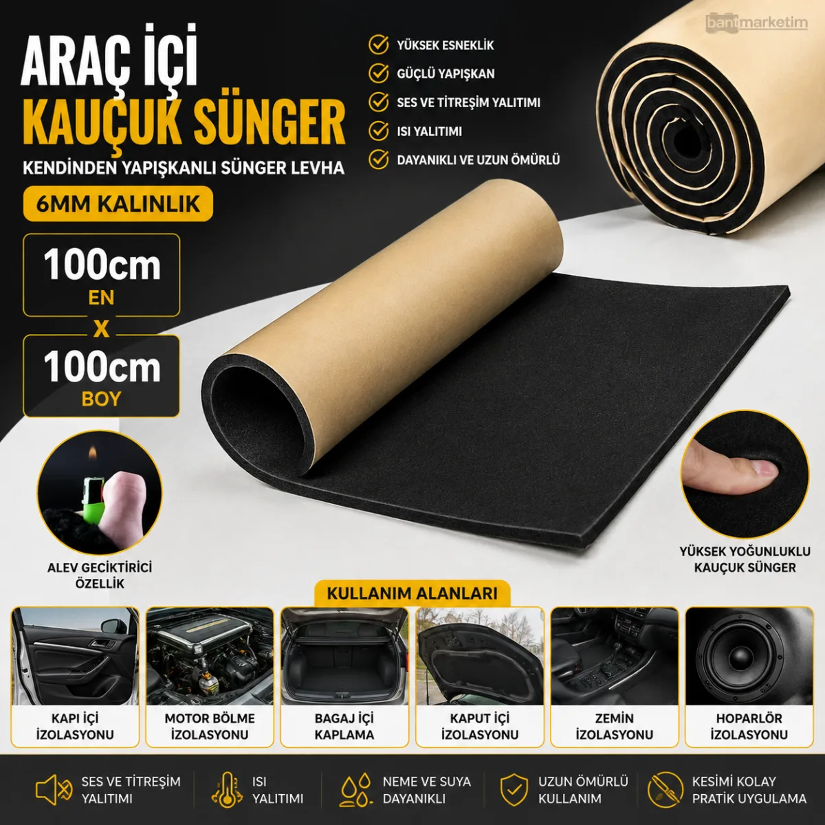 Araç İçi Kauçuk Sünger 6mm 100x100cm – Kendinden Yapışkanlı Ses, Isı ve Titreşim Yalıtım Süngeri