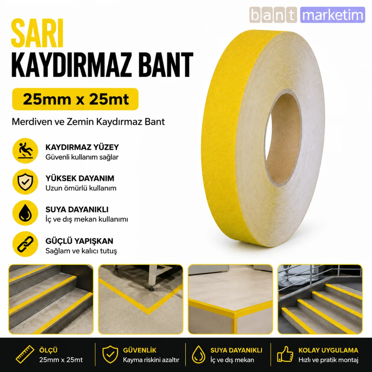 Sarı Merdiven ve Zemin Kaydırmaz Bant 25mm x 25mt – Kaymaz Antislip Bant