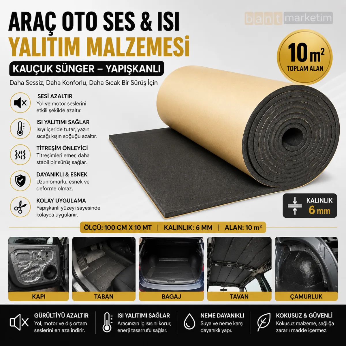 Araç Oto Ses Isı Yalıtım Malzemesi 10m² Kauçuk Sünger Yapışkanlı 6mm Kalın 100cmx10mt