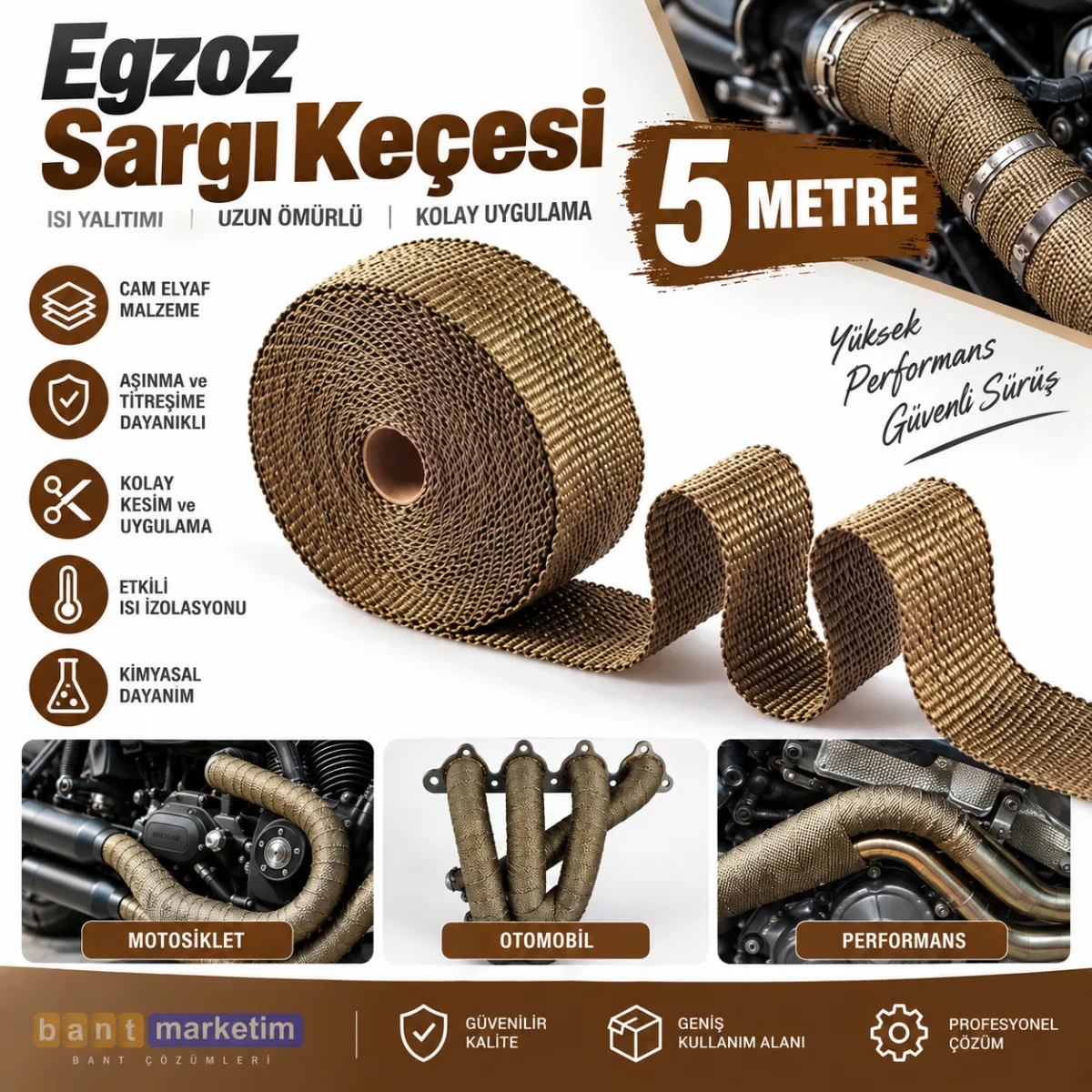 Egzoz Yanmaz Sargı Keçesi Egzoz Sargı Bandı Yanmaz Sargı Keçesi 5 Metre Kahverengi