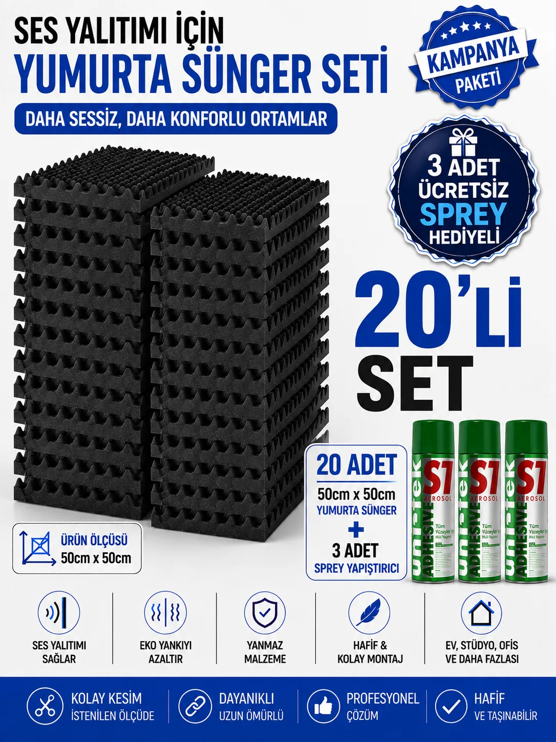 Akustik Yumurta Sünger 40mm 60 DNS Yanmaz 50x50cm 20 Adet + 3 Sprey Yapıştırıcı