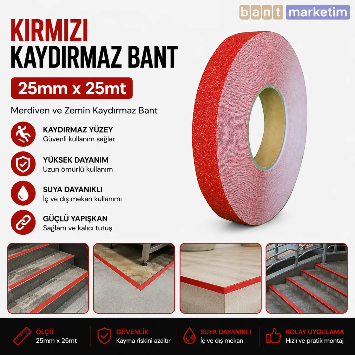 Kırmızı Merdiven ve Zemin Kaydırmaz Bant 25mm x 25mt – Kaymaz Antislip Bant