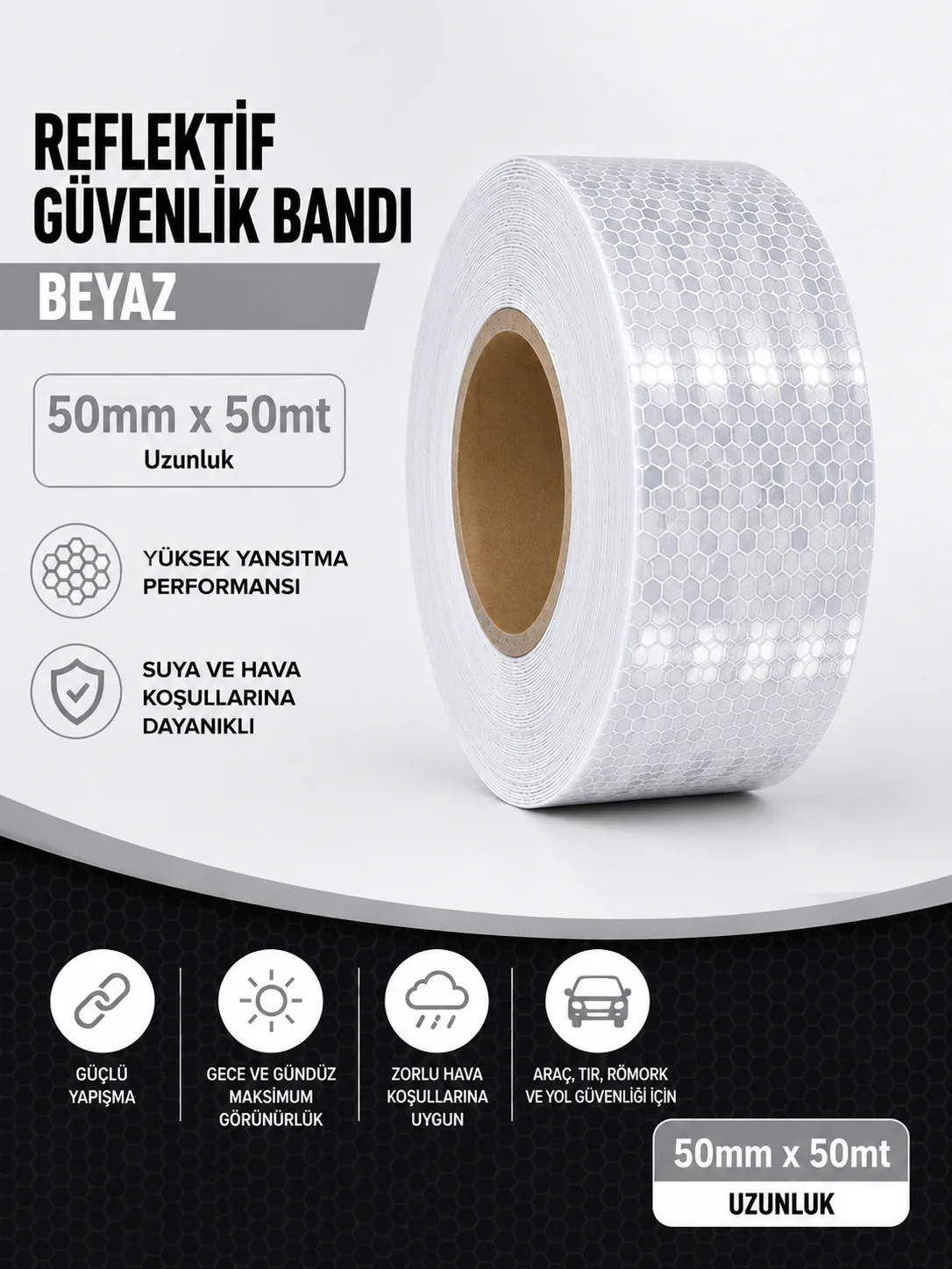 Bal Petekli Reflektif Bant Beyaz 50mm x 50m Kendinden Yapışkanlı Reflektör Şerit Uyarı Bandı