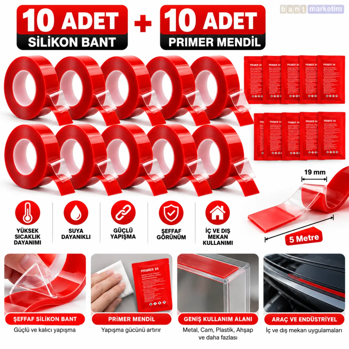 Silikon Çift Taraflı Bant 10adet 19mm x 5m + 10adet 3M Primer 94 Yapışma Güçlendirici Set