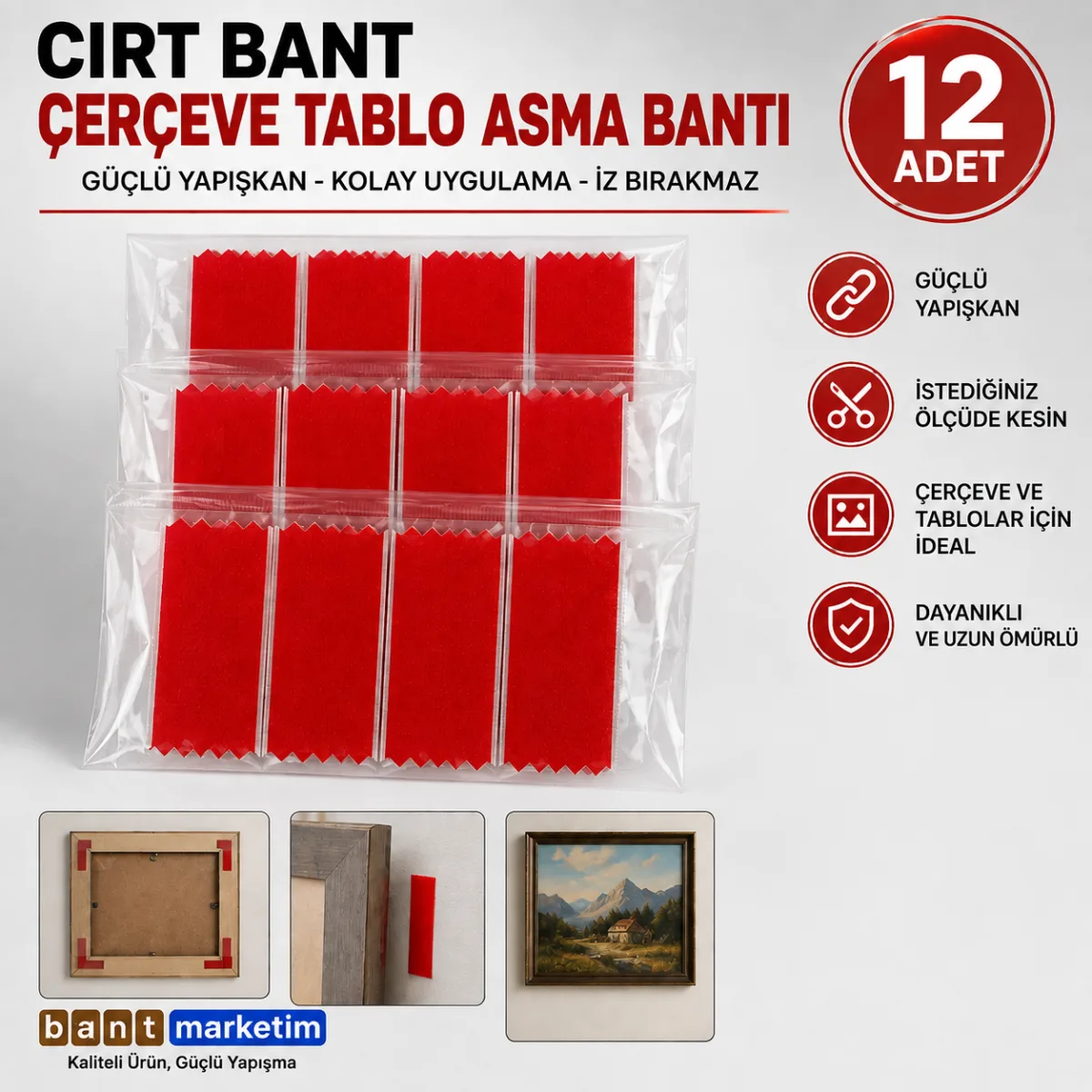 12 Adet Cırt Bant Çerçeve Tablo Asma Bandı – Kendinden Yapışkanlı Duvar Askı ve Sabitleme Bandı