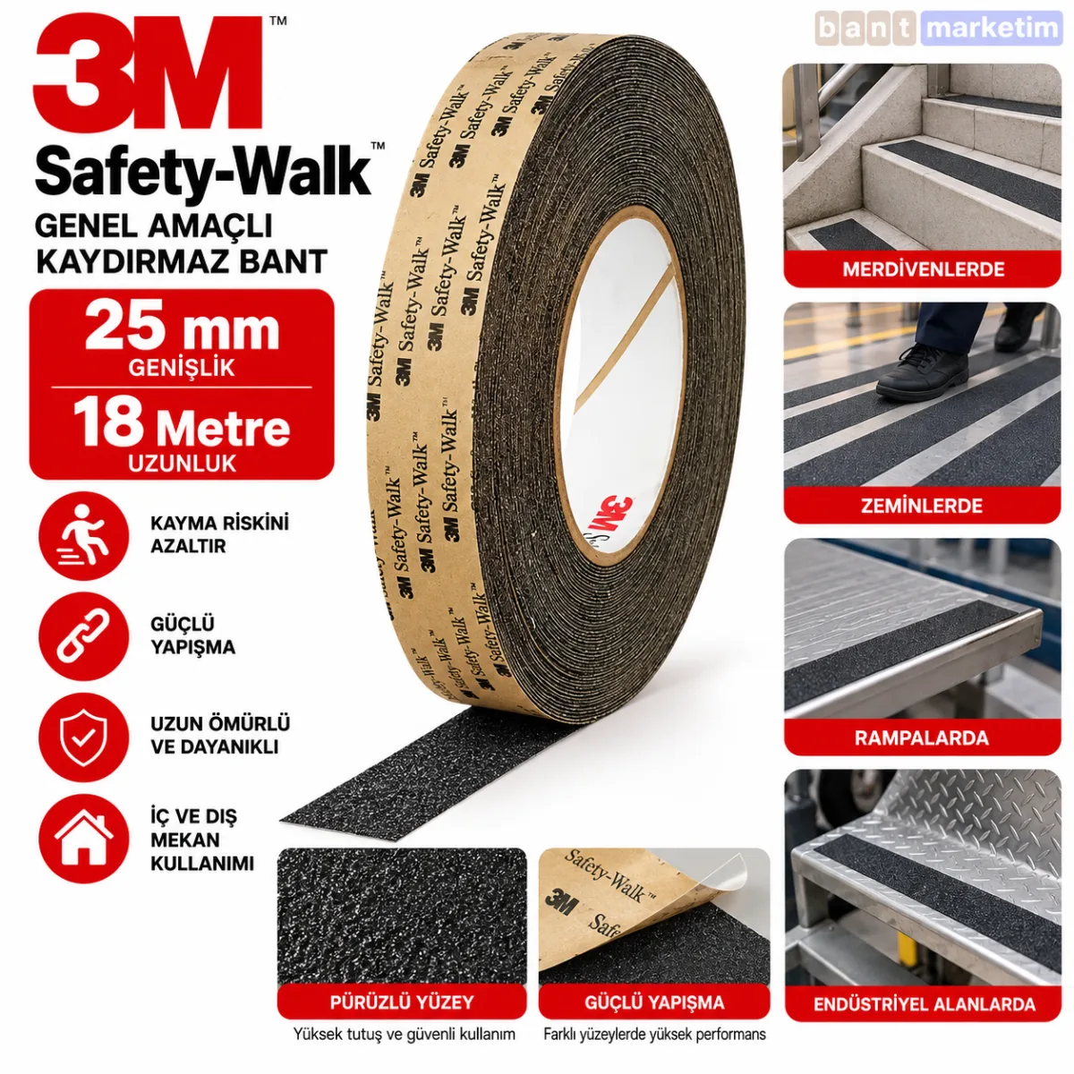 3M 610 Safety Walk Genel Amaçlı Kaydırmaz Bant 25mm X 18 Metre Siyah