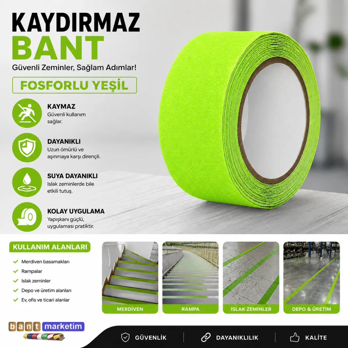 Yeşil Fosforlu Kaydırmaz Bant 5cmx5m Yeşil Fosforlu Merdiven Kaydırmaz Bandı