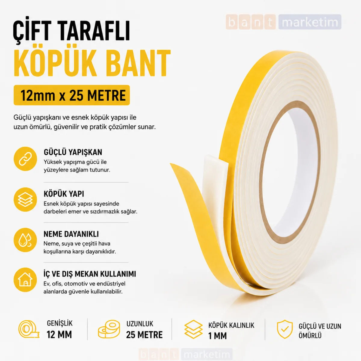 Çift Taraflı Köpük Bant 12mm x 25 Metre Yapışkanlı Sünger Bant Montaj Sabitleme İzolasyon Bandı