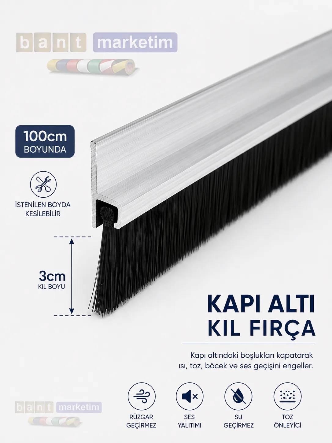 Kapı Altı Fırçası Kendinden Yapışkanlı 100cm Kıl Boyu 3cm